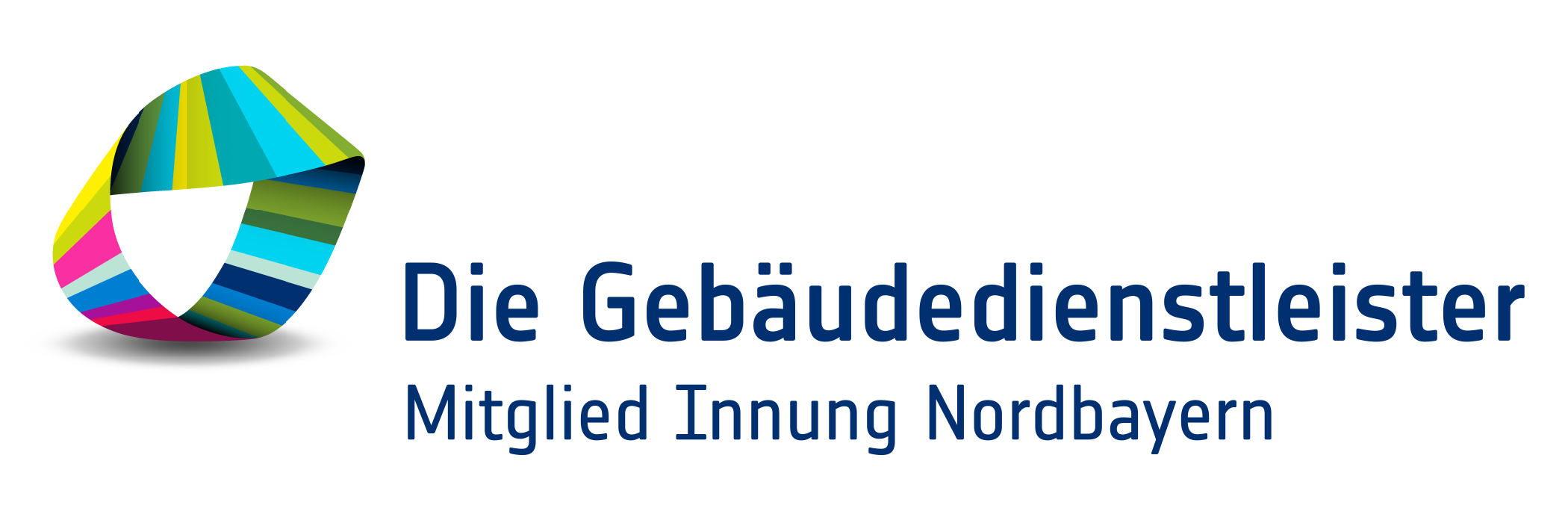 Logo von "Die Gebäudedienstleister" mit einer bunten Schleife. Darunter "Mitglied Innung Nordbayern"